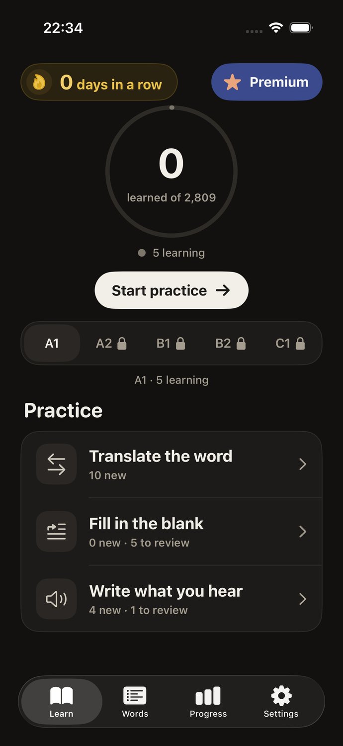 Learn screen: a progress ring, a Start practice button and three practice modes