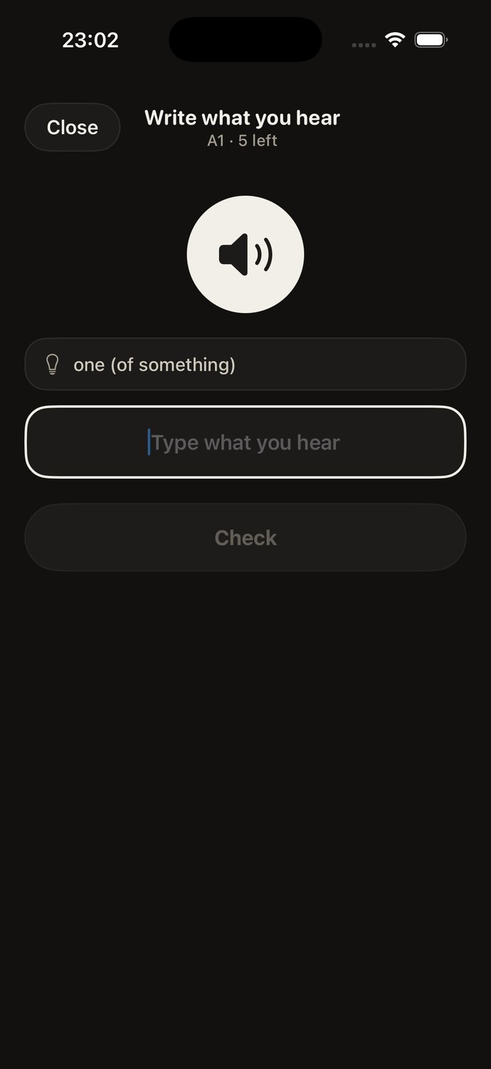 Write what you hear: a large speaker button and a text field